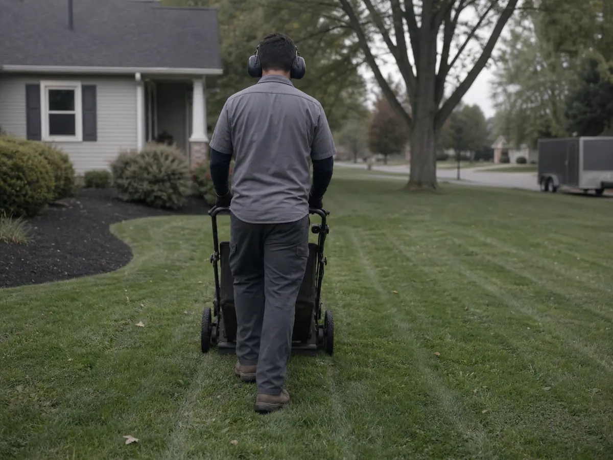 Lawn care worker pushing a walk-behind mower across a striped front lawn beside a mulched bed