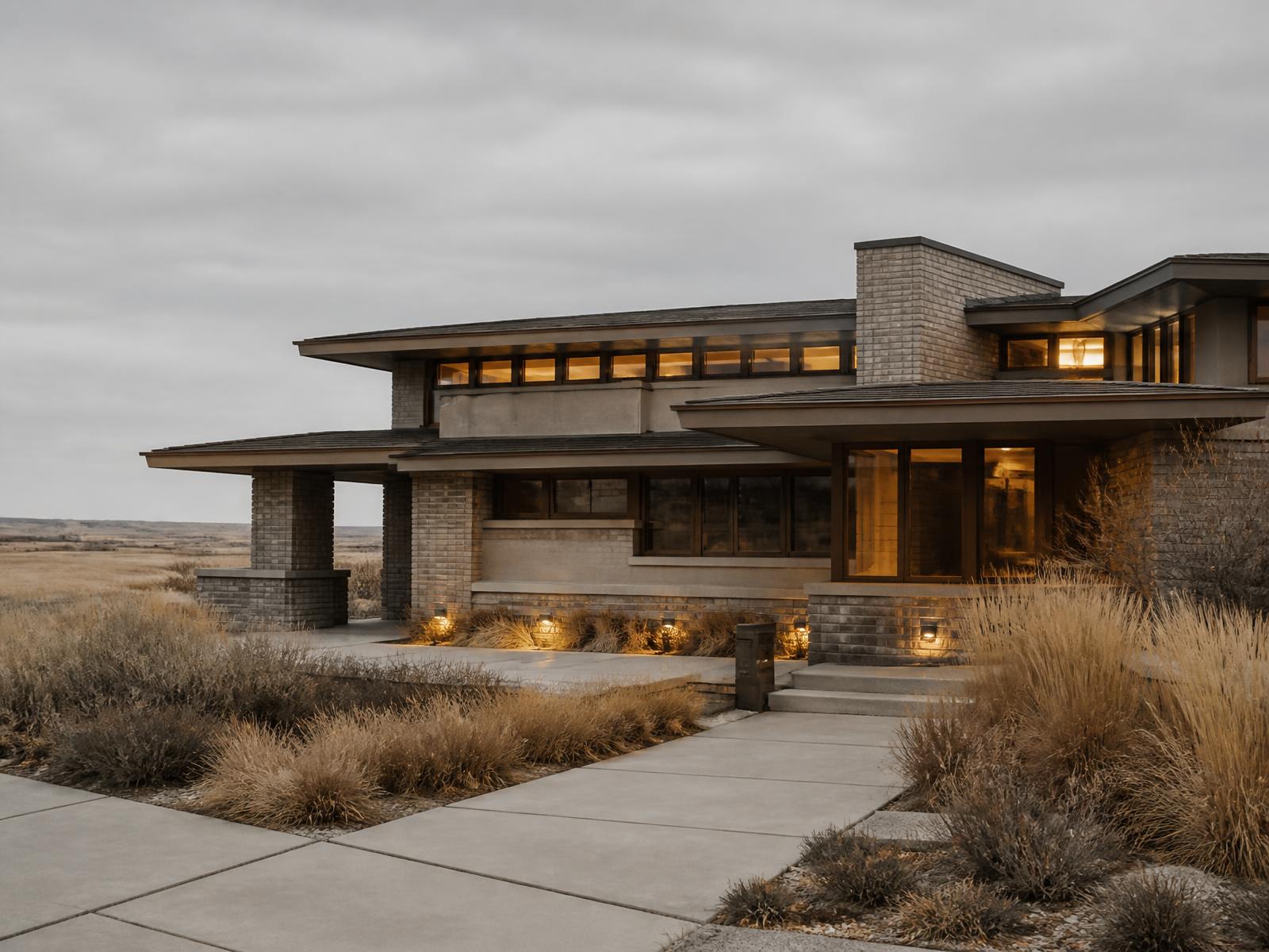 Modern prairie home concept with a long low hipped roof and buff stone base on Front Range grassland at summer evening
