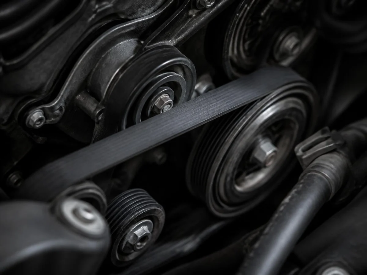 Close detail of a car engine bay showing the serpentine belt, pulleys, and tensioner.