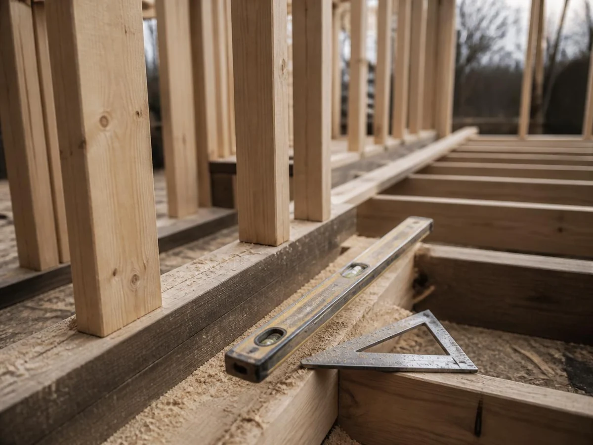 New timber wall framing on a jobsite with a level and framing square resting on the lumber.