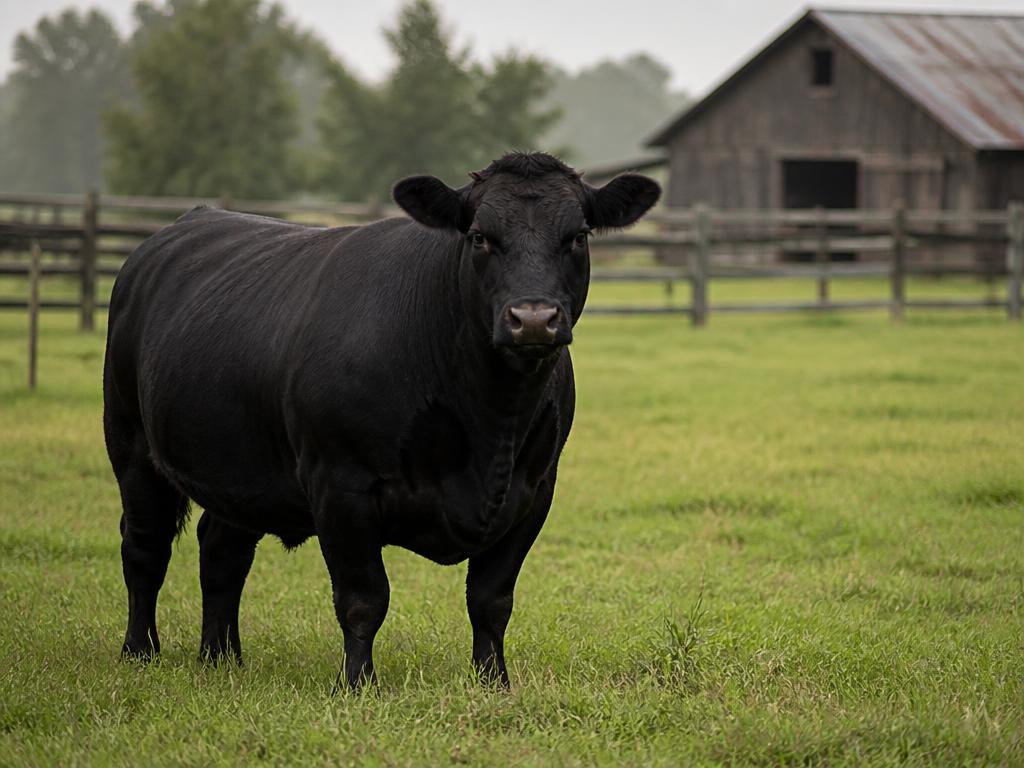 A black Angus cow standing in a green pasture with a weathered wooden fence and barn in soft morning light.