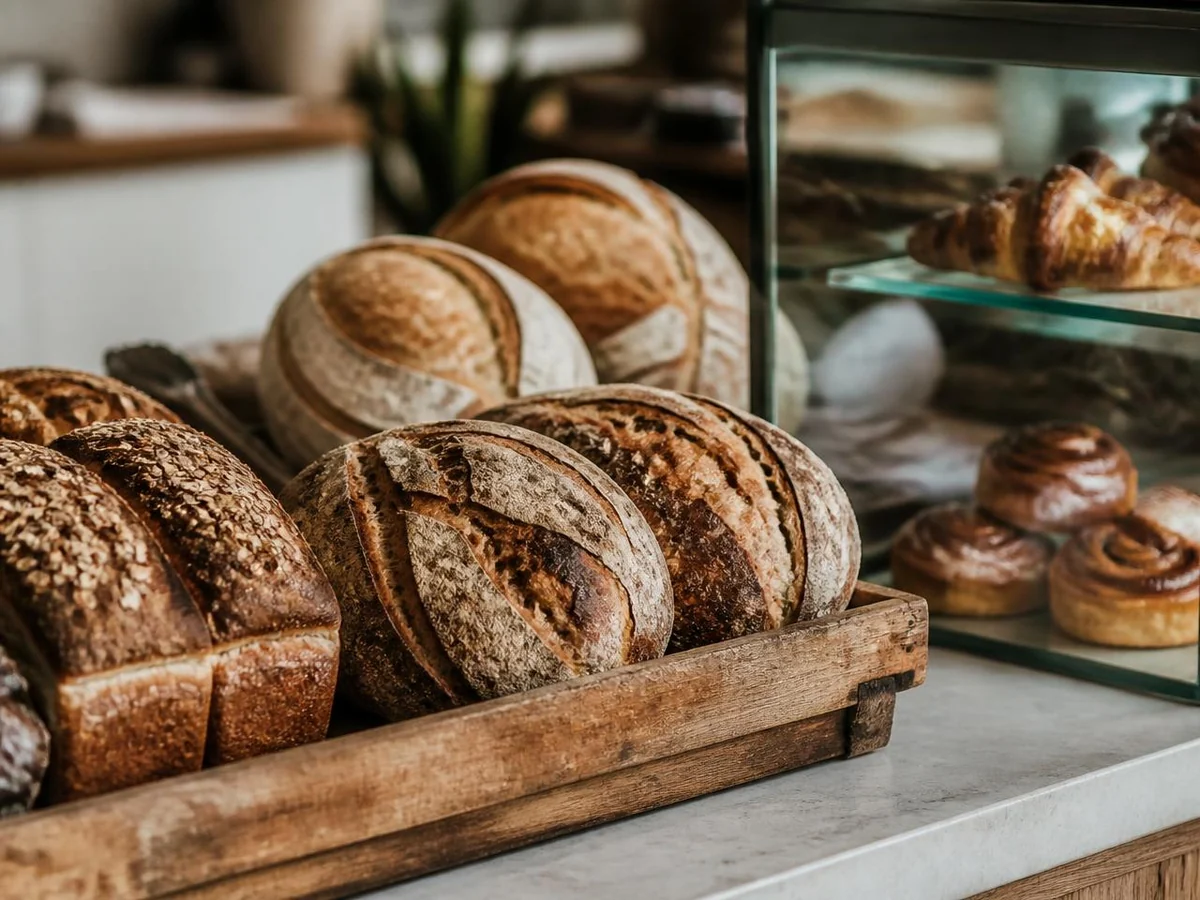 Rustic sourdough loaves on a wooden tray beside a glass pastry case in a cafe.