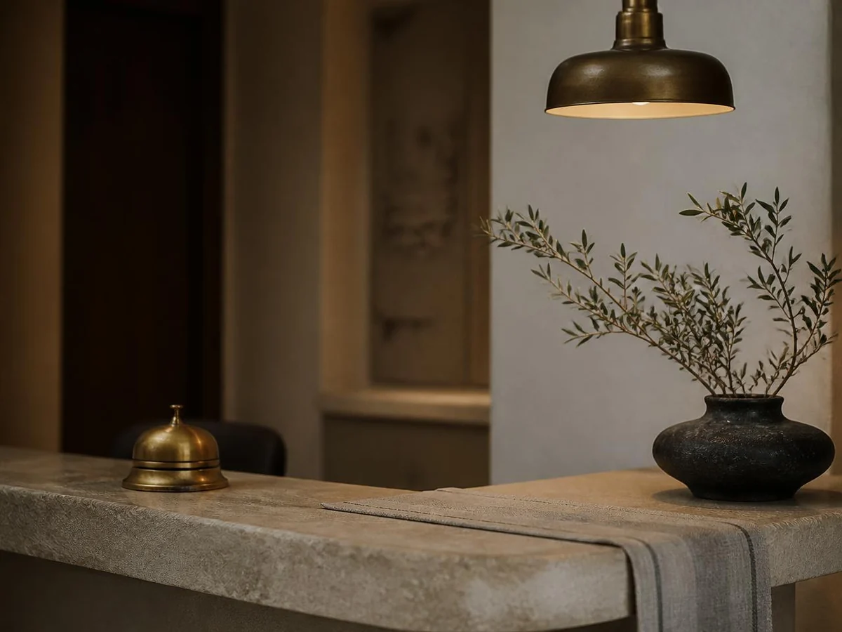 A stone hotel reception counter with a brass desk bell, linen runner, and warm pendant light.