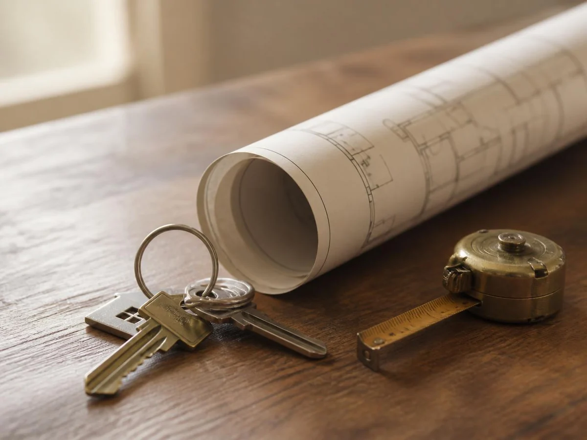 House keys and a rolled floor plan on a wooden table beside a brass measuring tape.