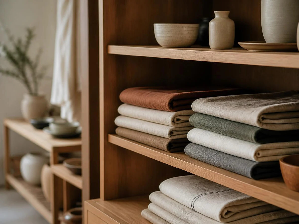 Warm oak shelving in a boutique shop holding folded linen goods and hand-thrown ceramics.