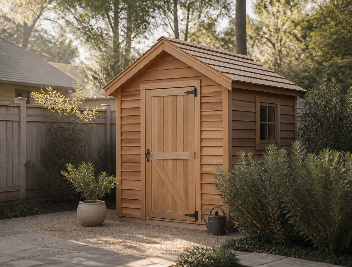 A complete cedar-sided mini shed with a gable roof and board-and-batten door in a tidy gravel backyard with soft morning light.