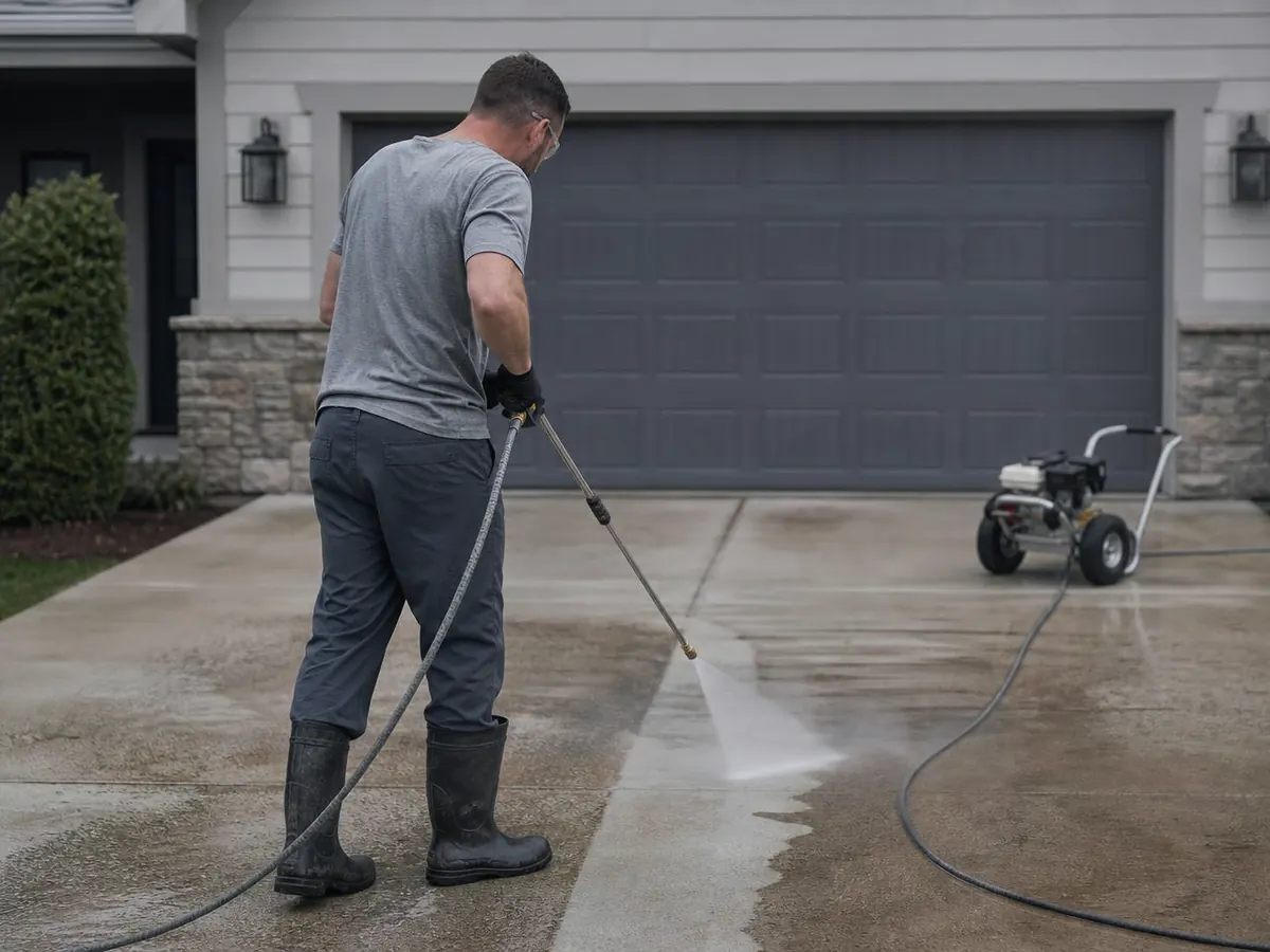 Contractor pressure washing a concrete driveway in front of a garage, with a clean strip beside the dirty concrete
