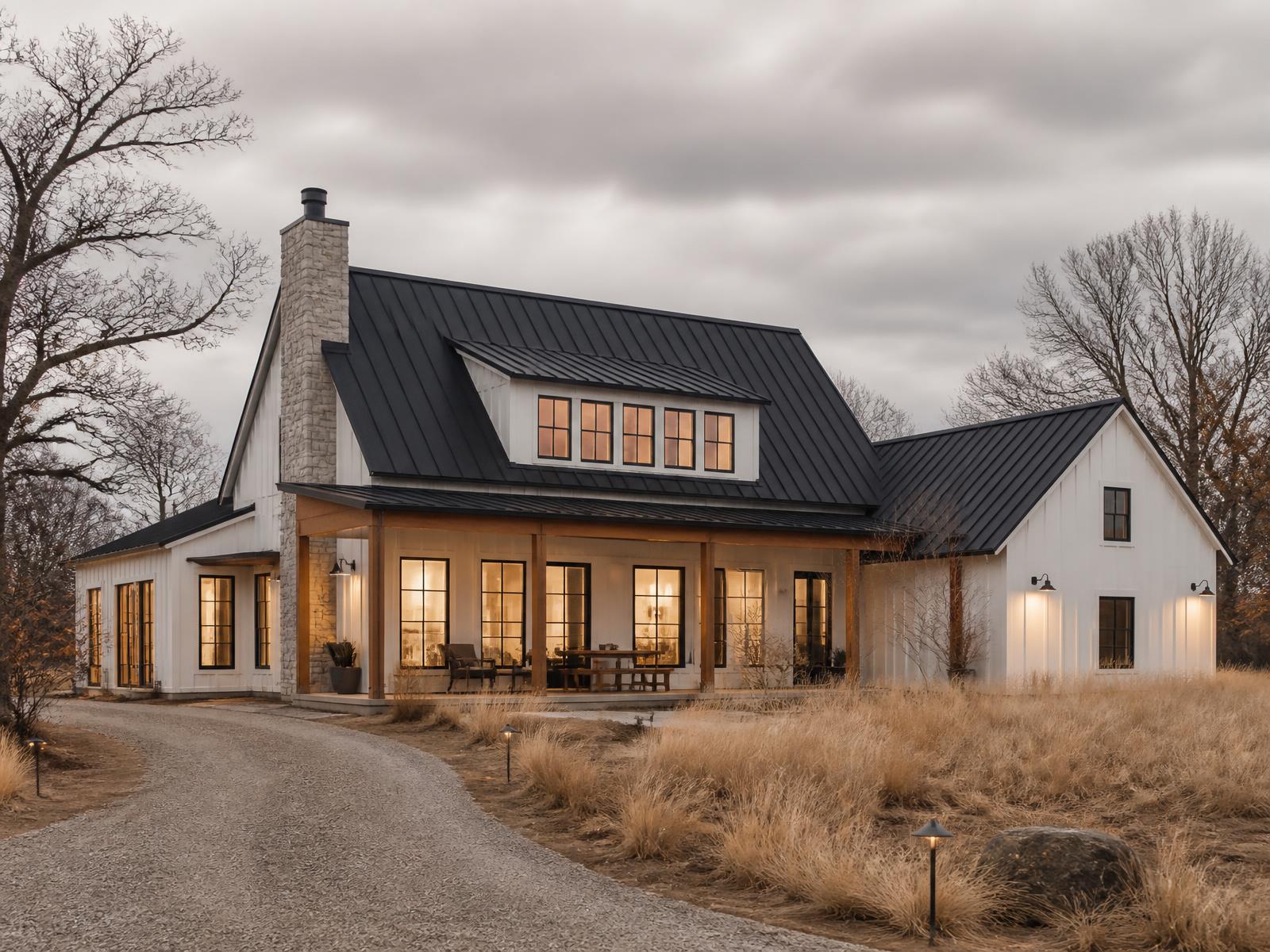 Modern farmhouse concept with white board-and-batten siding and a black metal roof on green Colorado foothill land in late spring