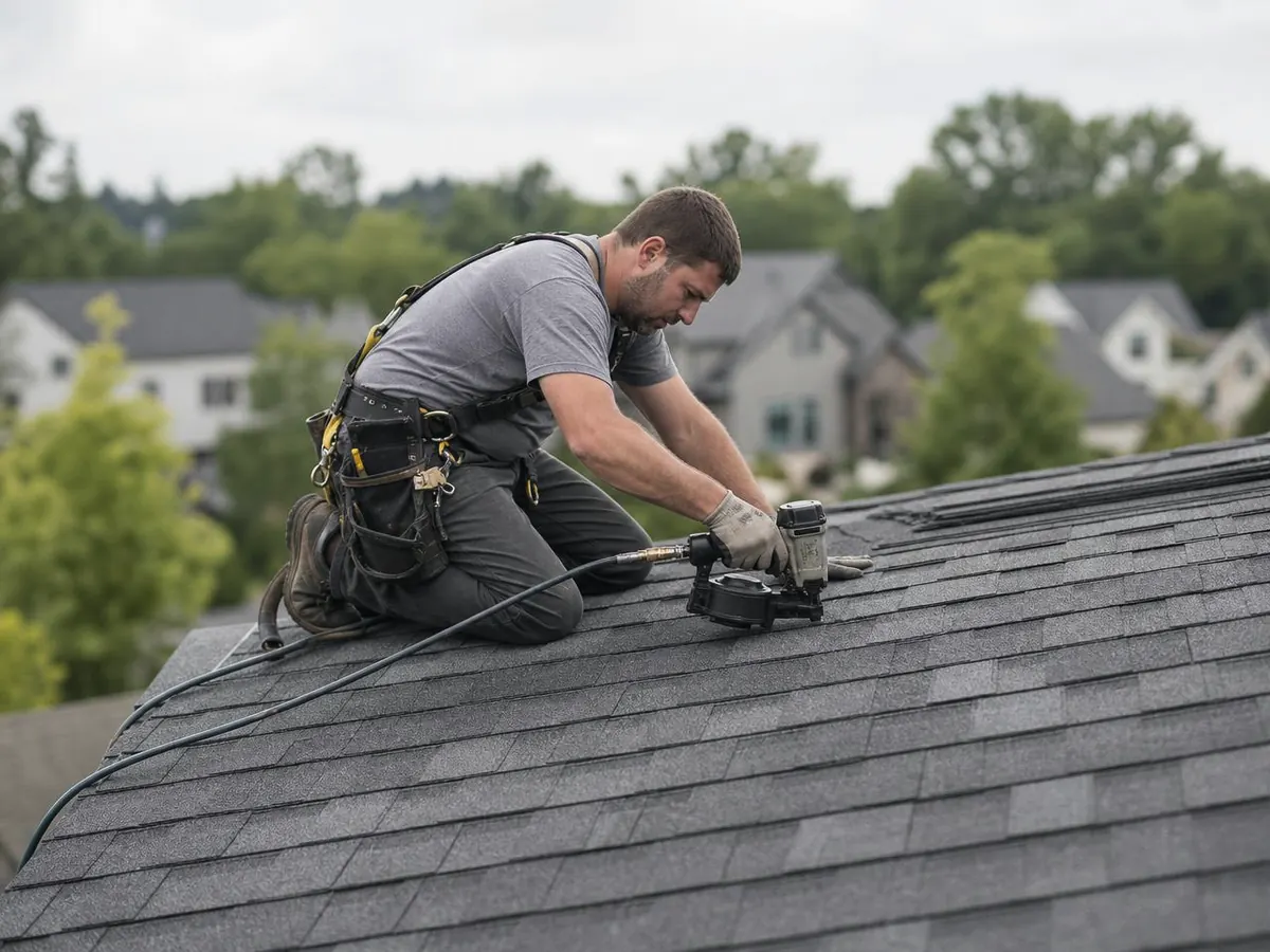 Roofer in a safety harness kneeling on an asphalt shingle roof and nailing a shingle with a coil nailer