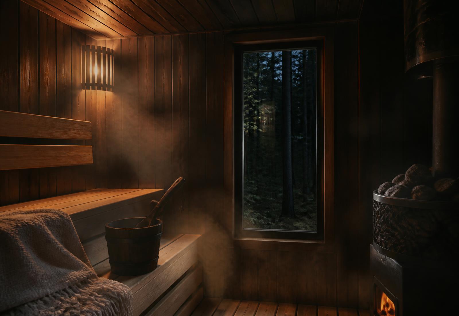 Lamplight and steam inside the cedar sauna