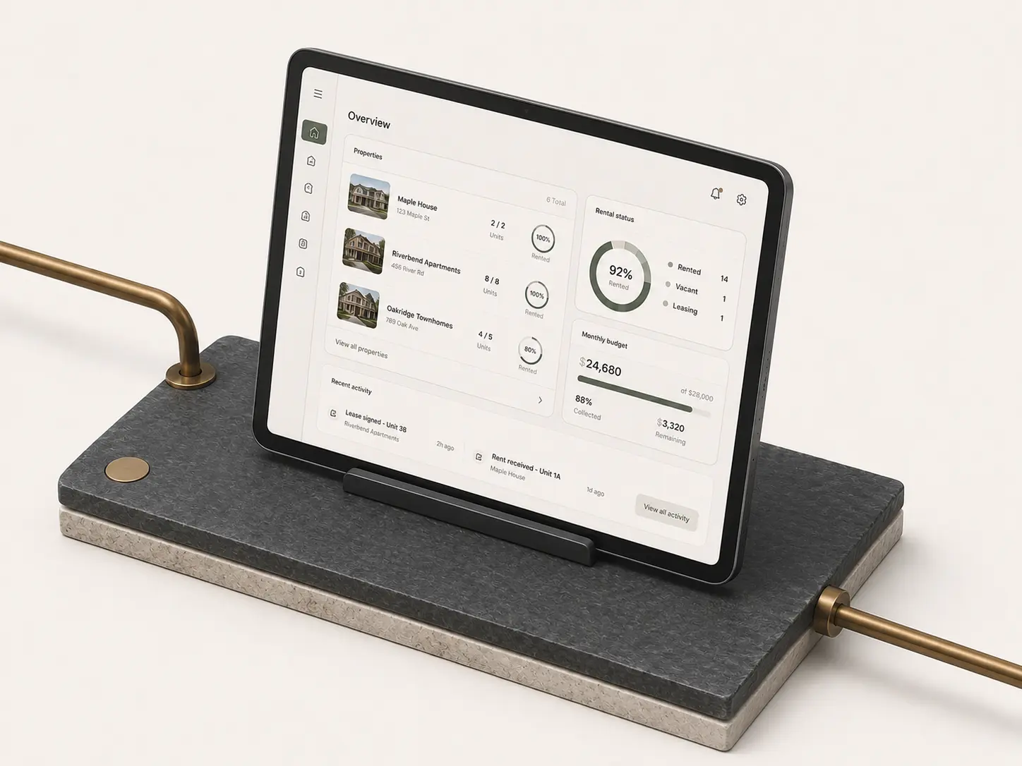 Slate Portfolio on a landscape tablet resting above a flat slate and limestone base connected by bronze conduit.