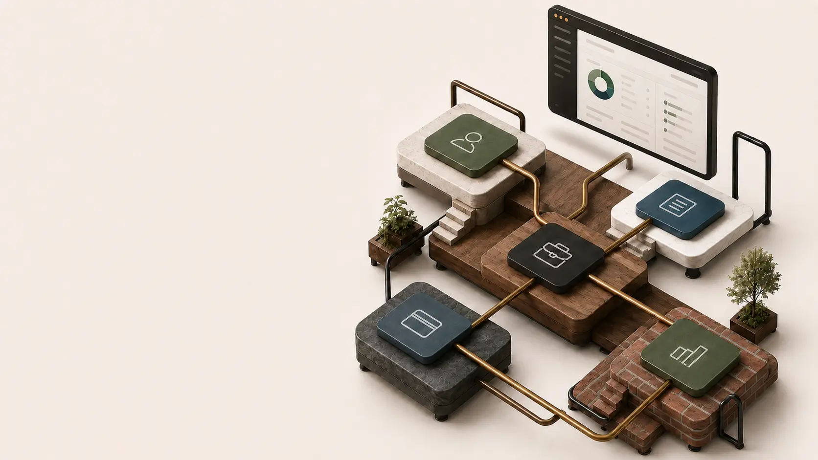 A fully raised custom software dashboard hovering above walnut, limestone, marble, slate, and brick workbases joined by bronze conduits.