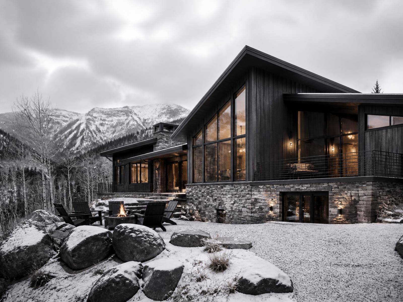 High-country mountain modern home concept in charcoal cladding and board-formed concrete on a green summer meadow bench