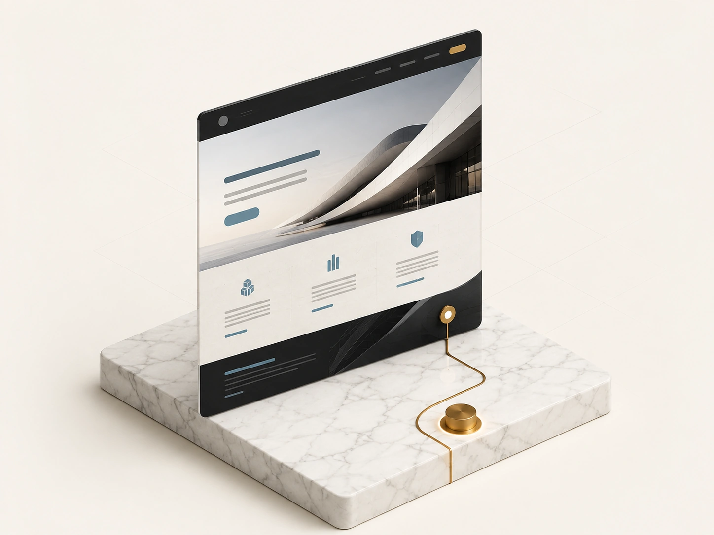 Isometric illustration of a single-page website standing on a marble plinth with a slim bronze path leading to a control dial.