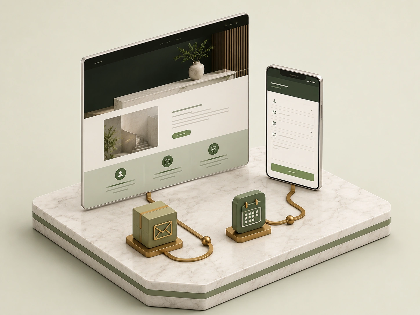 Isometric illustration of a multi-page website beside a phone form, linked by bronze paths to email and calendar blocks on a marble plinth.