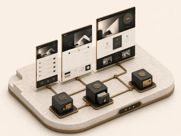 Isometric illustration of three connected screens — storefront, checkout, and owner dashboard — wired by bronze paths to payment, inventory, and messaging blocks on a marble plinth.