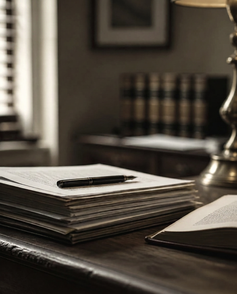 A stack of legal documents and a fountain pen on a dark wood desk, brass lamp and law books behind