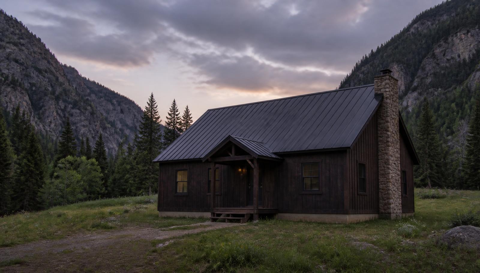 Four-season cabin concept in dark stained timber with a steep metal roof and a stone chimney in a Colorado canyon clearing