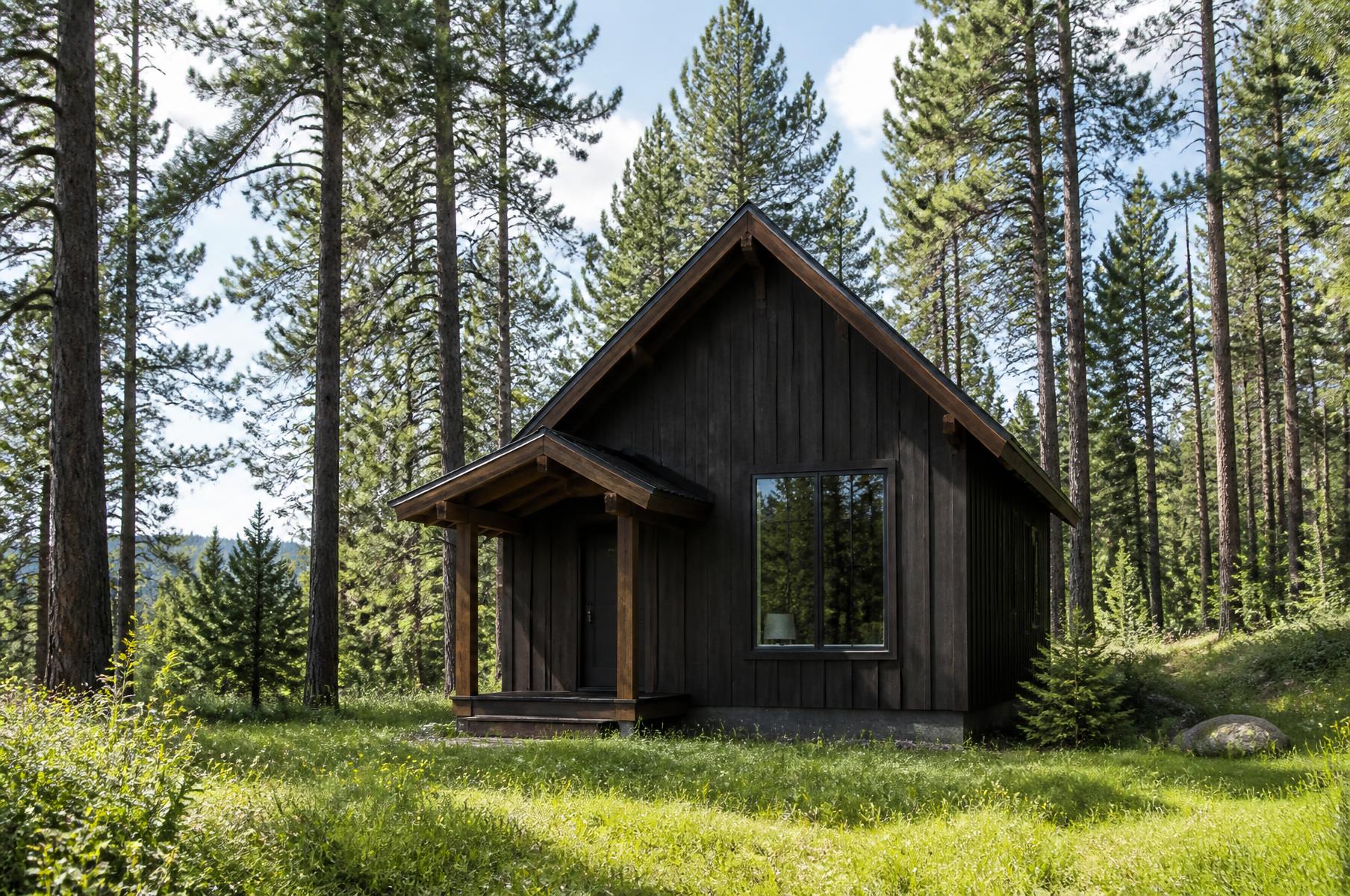 Four-season cabin concept in dark stained timber with a steep metal roof and a stone chimney in a Colorado canyon clearing