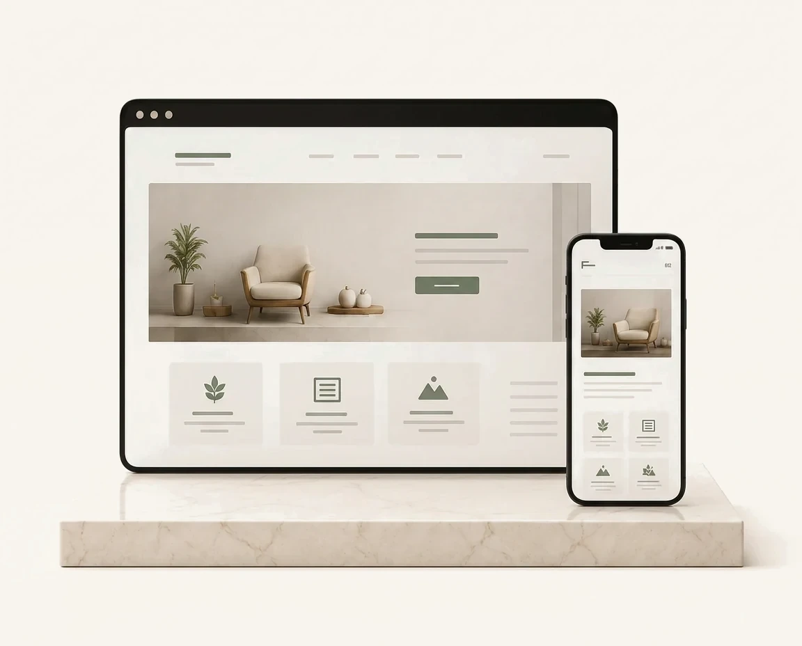 Redesigned website shown head-on on a desktop screen and mobile phone resting on a marble slab.