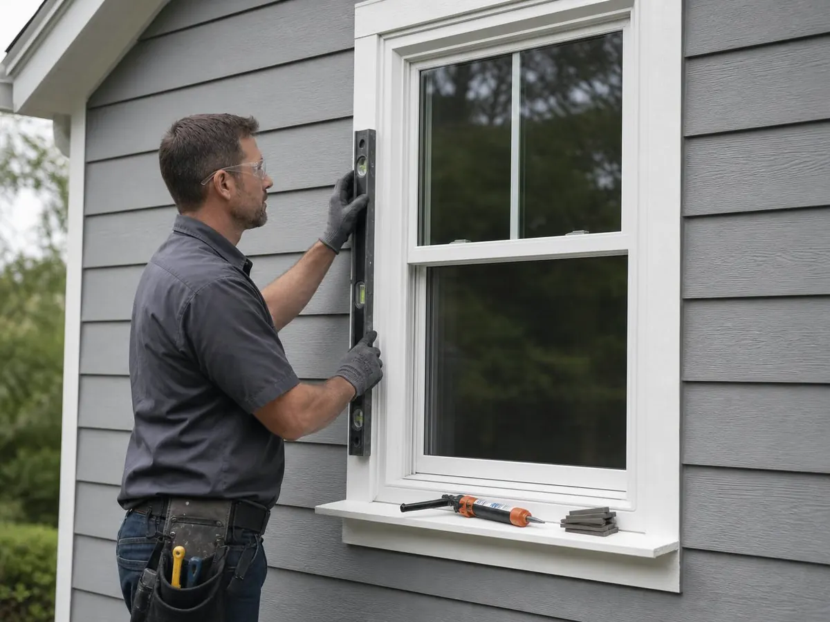 Window installer holding a level against the frame of a newly set white replacement window